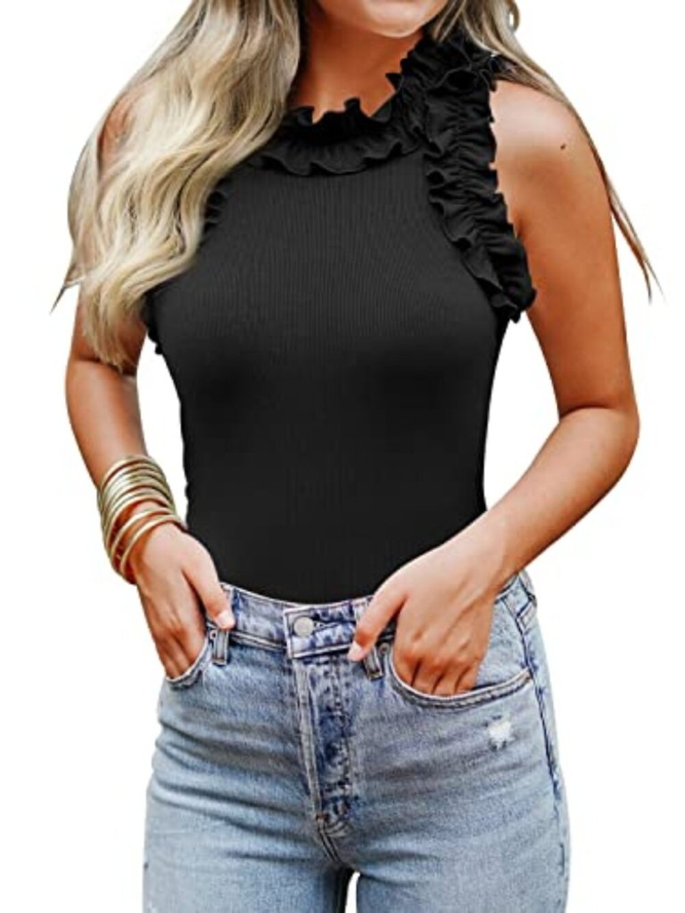 Women's Sleeveless Racer Back Ruffle Mock Turtle Neck Ribbed Bodysuit Tank Tops